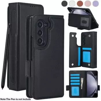 Кожаный чехол-кошелек с двумя пряжками и отделениями для карт для Samsung Galaxy Z Fold 6 5 4 3 5G Z Fold 6 Fold5 Fold4 Z Fold3 RFID с держателем для S Pen и подставкой Samsung Galaxy Z Fold 3 белый