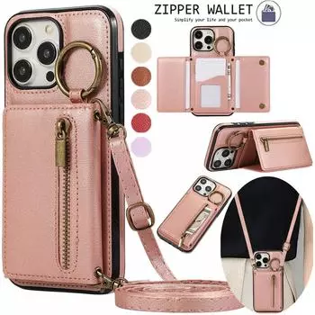 Кожаный чехол-кошелек с кольцом-молнией для iPhone 16 15 14 13 12 11 Pro Max XS MAX Samsung S25 S24 S23 S22 S21 Ultra Plus FE A16 A56 A15 A55 A54 iPhone 6/6S чёрный