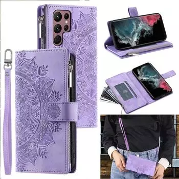 Кожаный чехол-кошелек с ремешком через плечо на молнии для Samsung S23 Ultra S22 Plus S21 A14 A24 A54 A34 A53 A33 A23 For Samsung Note20 фиолетовый