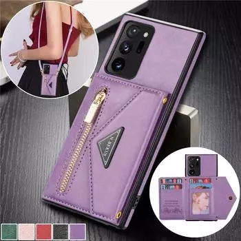 Кожаный чехол-кошелек с ремешком на молнии для Samsung Galaxy S23 Ultra S22 S21 Plus S20 FE A54 A13 A53 A52 A51 iPhone 13 14 15 Pro Max, чехол для карточек Samsung S20 чёрный