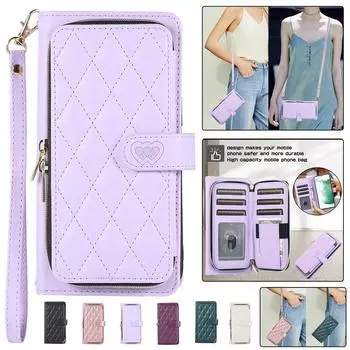 Кожаный чехол-кошелек с ремешком на молнии для iPhone 15 Ultra 14 Plus 13 для Samsung Galaxy A54 A14 A53 A13 Note 20 S23 S22 S21, откидная крышка с веревкой на запястье Samsung A51 (4G) чёрный