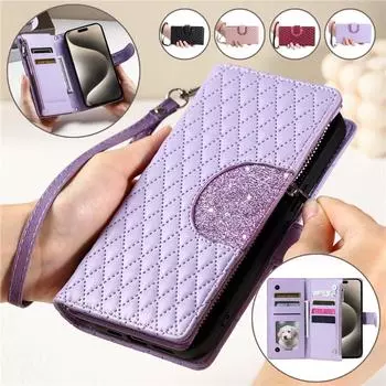 Кожаный чехол-кошелек с ремешком на молнии для iPhone 15 Pro Max 14 13 12 11 Samsung Galaxy S24 Ultra S23 FE S22 S21 S20 A55 A35 A15 A54 A34, чехол iPhone 6 (iPhone 6S) чёрный