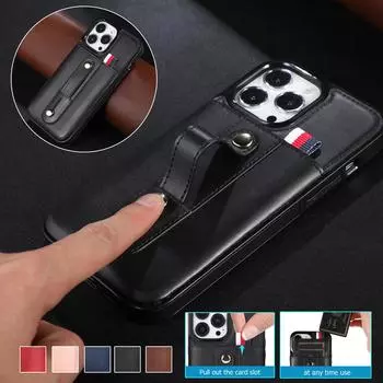 Кожаный чехол-кошелек с ремешком на запястье и выдвижным слотом для карт для iPhone 15 14 13 12 11 Pro Max XS MAX XR Samsung S23 S22 S21 Ultra Plus A14 A13 A53 A54 iPhone 6/6S чёрный