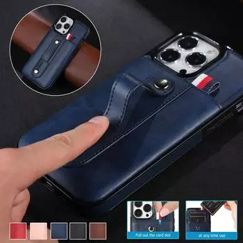 Кожаный чехол-кошелек с ремешком на запястье и выдвижным слотом для карт для iPhone 15 14 13 12 11 Pro Max XS MAX XR Samsung S23 S22 S21 Ultra Plus A14 A13 A53 A54 iPhone 6/6S чёрный