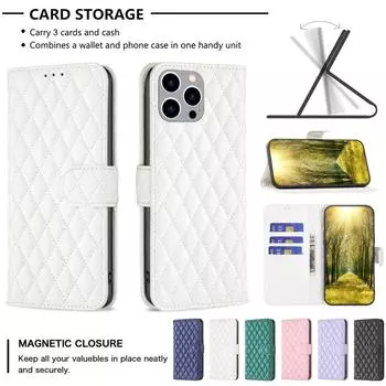 Кожаный чехол-кошелек с ромбовидными отделениями для карточек для iPhone 15 14 Plus 13 12 11 Pro Max XS MAX/Samsung S23 S22 S21 S20 Ultra Plus A13 A53 A14 A15 iPhone 7/8/SE 2020 белый