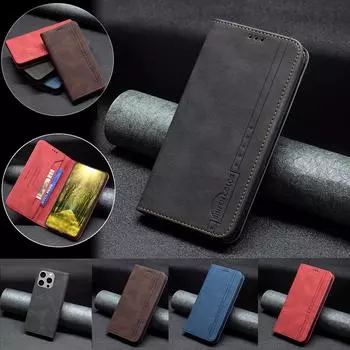 Кожаный чехол-кошелек с защитой от кражи для iPhone 14 Plus 13 12 11 Pro Max XSMAX SE2 для Samsung S23 S22 S21 S20 Ultra Plus S21FE S20FE A14 A54 A13 A53 iPhone 7/8/SE 2020 красный