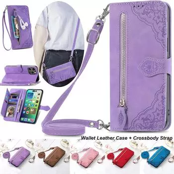 Кожаный чехол-кошелек с застежкой-молнией и отделениями для карт для iPhone 15 14 13 12 11 Pro Max XR XSMAX 7P 8P Samsung S24 S23 S22 S21 S20 Ultra Plus A13 A53 A14 A54 iPhone 6/6S красный