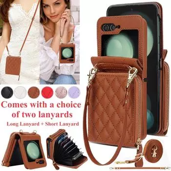 Кожаный чехол-кошелек с застежкой-молнией и отделениями для карточек для Samsung Galaxy Z Flip 6 5 4 3 5G Z Flip6 Z Flip5 Z Flip4 Z Flip3 с длинным шнурком и карманом для сумки-кошелька Samsung Galaxy Z Flip 3 белый