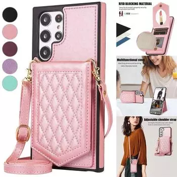 Кожаный чехол-кошелек с зеркалом и ремешком для защиты от кражи для Samsung S23 S22 S21 S20Ultra Plus A13 A53 A54/iPhone 15 14Plus 13 12 11Pro Max XSMax iPhone 6/6S чёрный