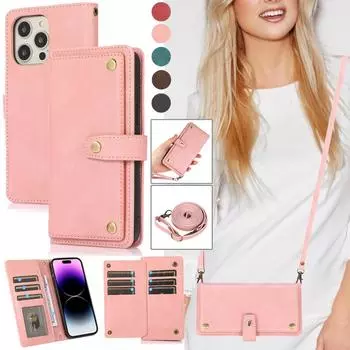 Кожаный чехол-кошелёк через плечо с несколькими картами на молнии для iPhone 15 14 13 12 Pro Max Xs Max Xr 8/Samsung S24 S23 S22 S21 Ultra Plus A14 A13 A54 A53 A52 iPhone 6/6S чёрный