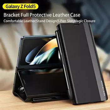 Кожаный чехол-кронштейн с отделением для ручки для Samsung Galaxy Z Fold 5 5G, универсальный магнитный флип-карандаш, защитный чехол Fold5 For Samsung Z Fold 5 чёрный