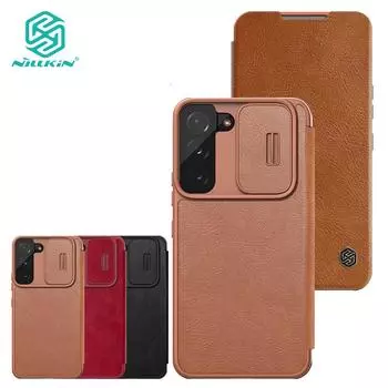 Кожаный чехол Nillkin QIN Pro для Samsung Galaxy S22, чехол-раскладушка для телефона, слайдер для камеры, универсальный противоударный чехол на 360° Samsung S22 коричневый