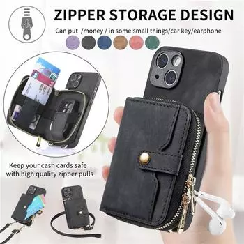 Кожаный чехол-раскладушка со шнурком для iPhone 14 Plus 13 Mini 12 11 SE 2022 X XR XS Max 8 7 для Samsung Galaxy S23 Ultra A54 A34, чехол для карт Walle на молнии iPhone 6 (iPhone 6S) чёрный