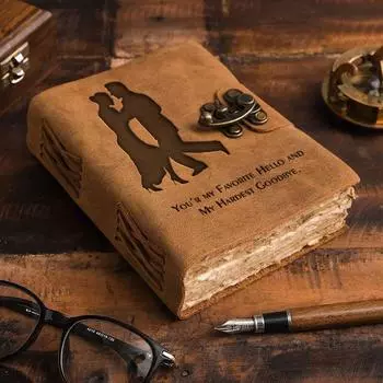 Кожаный чехол ручной работы с декоративными краями, винтажная бумага для пар с гравировкой, дневник с металлическим замком, ежедневник-планировщик, тетради для письма 7 x 5 in коричневый