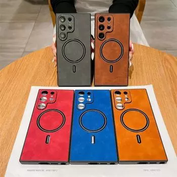 Кожаный чехол с беспроводной зарядкой для Samsung Galaxy S24 S23 S22 S21 Ultra Plus, матовый мягкий магнитный чехол MagSafe Allround для камеры, чехол for Galaxy S21 коричневый