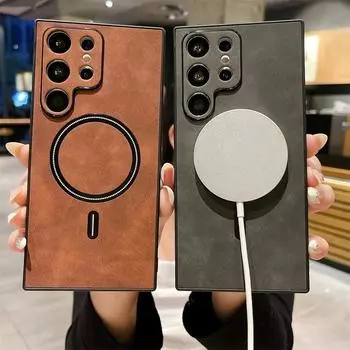 Кожаный чехол с беспроводной зарядкой для Samsung Galaxy S24 S23 S22 S21 Ultra Plus, матовый мягкий магнитный чехол MagSafe Allround для камеры, чехол for Galaxy S21 коричневый
