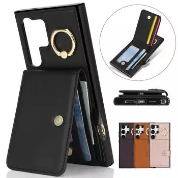 Кожаный чехол с держателем для карт, вращающееся на 360° кольцо с кнопкой, защитный чехол для iPhone 16, 15, 14, 13, 12, 11 Pro Max, XR, XS Max, 7, 8 Plus, Samsung Galaxy Samsung Note 20 Ultra чёрный