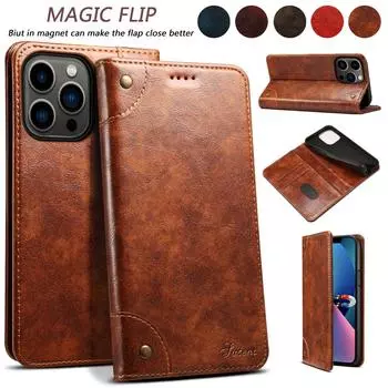 Кожаный чехол с держателем магнитной карты для iPhone 15 14 Plus 13 12 11 Pro Max XS MAX для Samsung S23 S22 Ultra Plus S23FE Note20Ultra A14 A54 A53 iPhone 7/8/SE2/SE3 чёрный