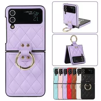 Кожаный чехол с держателем на палец для Samsung Galaxy Z Flip 5 Z Flip 4 Z Flip 3 5G Z Fold 5 Z Fold 4 Z Fold 3 Противоударный ультратонкий чехол с тиснением в виде бриллианта Samsung Z Flip 3 чёрный