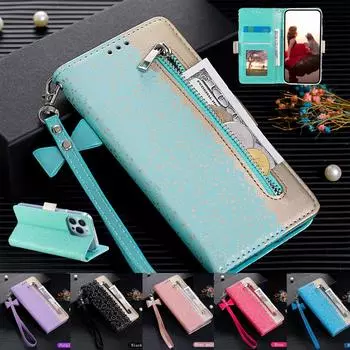 Кожаный чехол с кружевным кошельком и отделениями для карт на молнии для iPhone 15 14 Plus 13 12 11 Pro Max/Samsung S23 S22 S21 S20 Ultra Plus S21 S20 FE A14 A54 A13 A53 iPhone 6/6S синий