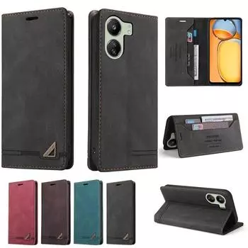 Кожаный чехол с магнитной откидной крышкой для Xiaomi Redmi 13C с силиконовым противоударным защитным чехлом для карт памяти Xiaomi Redmi 13C чёрный