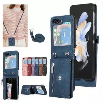 Кожаный чехол с плечевым ремнем через плечо на молнии для Samsung Galaxy Z Flip3 Flip4 Flip5 5G с несколькими слотами для карт, органный дизайн, чехол-подставка для Samsung Flip 5 Samsung Galaxy Z Flip5 чёрный