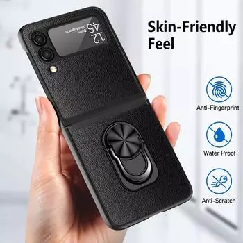 Кожаный чехол с противоударным кольцом и подставкой для Samsung Galaxy Z Flip 3 5g Flip3, нескользящий противоударный складной чехол Funda for Galaxy z flip 3 красный