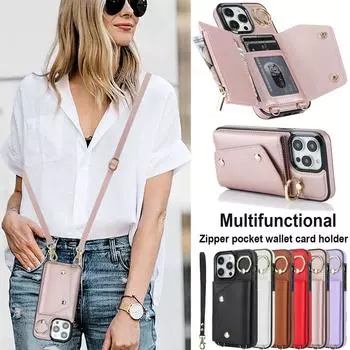 Кожаный чехол с ремешком через плечо, кошелек, слот для карт, откидная молния, кожаный чехол для iPhone 15 14Plus 13 12 11 Pro Max XSMAX для Samsung S23 S22 S21 Ultra Plus A14 A53 A54 iPhone 7/8/SE 2020 белый