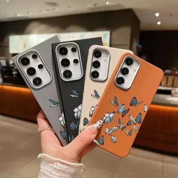 Кожаный чехол с синим рисунком бабочки для Samsung S24 S22 Ultra S23 S21 S20 Fe A55 A54 A53 A52 A35 A15 A16, ударопрочный, мягкий, из ТПУ, тонкий чехол Samsung S24 FE чёрный