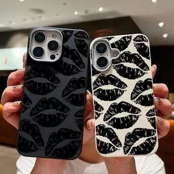 Кожаный чехол с текстурой черного цвета и узором в виде полых губ для iPhone 16 15 Pro 14 Plus 13 12 11 Pro Max Xs Xr 8 7 Plus, ударопрочный, мягкий, из ТПУ, тонкий чехол iPhone 16 чёрный