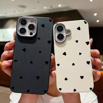 Кожаный чехол с текстурой черного цвета с рисунком сердец любви для iPhone 16 15 Pro 14 Plus 13 12 11 Pro Max Xs Xr 8 7 Plus, ударопрочный, мягкий, из ТПУ, тонкий чехол iPhone 16 чёрный