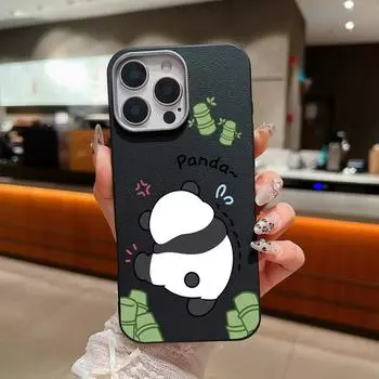Кожаный чехол с текстурой для iPhone 16 15 Pro 14 13 12 11 Pro Max Xs Max Xr 8 7 6 Plus с милым рисунком панды, противоударный мягкий тонкий чехол из ТПУ iPhone 16 чёрный