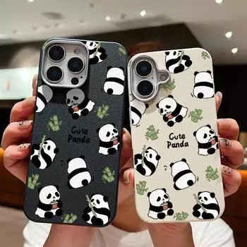 Кожаный чехол с текстурой для iPhone 16 15 Pro 14 13 12 11 Pro Max Xs Max Xr 8 7 6 Plus с рисунком панд, противоударный, мягкий, из ТПУ, тонкий чехол iPhone 16 чёрный