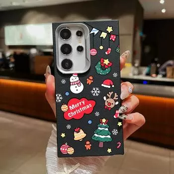 Кожаный чехол с текстурой для Samsung S24 S22 Ultra Plus S23 S21 S20 Fe A55 A54 A53 A52 A35 A15 Merry Christmas противоударный мягкий TPU тонкий квадратный чехол Samsung S24 чёрный