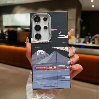 Кожаный чехол с текстурой из мультфильма «Фудзияма» для Samsung S24 S22 Ultra Plus S23 S21 S20 Fe A55 A54 A53 A35 A15 A16 Square Tpu Soft Slim Cover Samsung S24 чёрный