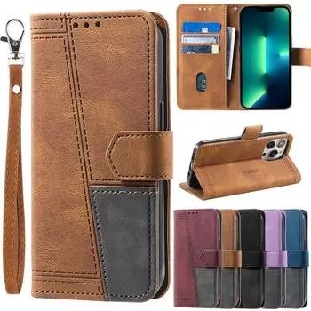 Кожаный чехол в стиле ретро с подставкой для карт памяти для iPhone 15 14Plus 13 12 11 Pro Max XSMax 7 8 Plus/Samsung S23 S22 S21 Ultra Plus S21 S20FE A13 A53 A14 A54 iPhone 6/6S чёрный