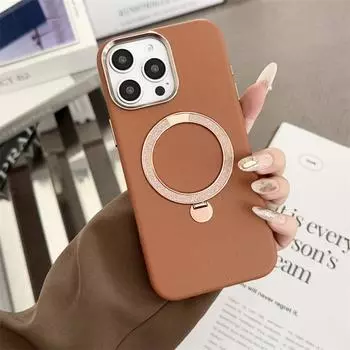 Кожаный держатель с металлическим кольцом, магнитный держатель для телефона, подходит для iPhone 16, 15 Pro Max Plus, задняя крышка с рамкой из сплава для объектива камеры iPhone 15 чёрный