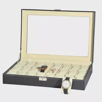 Кожаный дисплей для часов и футляр для хранения на 24 ячейки со стеклянной крышкой чёрный