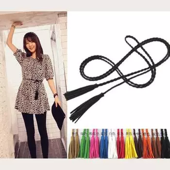 Женский кожаный ремень в виде оплетки с кисточкой чёрный