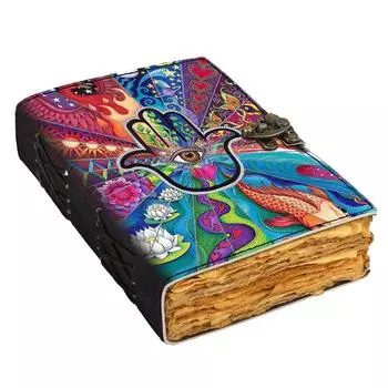 Кожаный дневник Хамса с ручным принтом, винтажный дневник со старыми страницами для офиса и личного использования (7 х 5 дюймов) 7 x 5 in