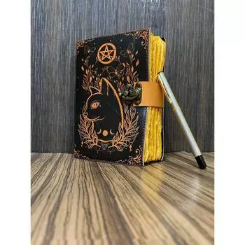 Кожаный дневник ручной работы с принтом кельтской кошки, офисный и личный планировщик путешествий, дневник неуправляемого художника с латунным замком C-Lock (200 страниц) 7 X 5 Inch чёрный