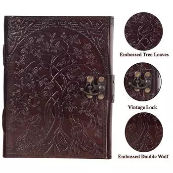 Кожаный дневник ручной работы с тиснением в виде звезды, путешествия и двойного волка Дневник со старинным замком. Размер 5*7 дюймов 7 x 5 in коричневый