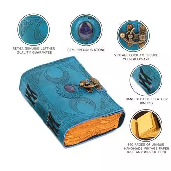 Кожаный дневник ручной работы со старинной окантовкой, кожаный дневник A5 с голубым камнем, тройная луна с тиснением, журнал с застежкой на старинную пряжку 7 x 5 in синий