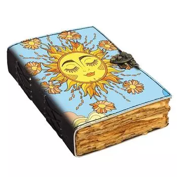 Кожаный дневник с принтом солнца, винтажный дневник со старыми страницами для офиса и личного использования (7 х 5 дюймов) 7 x 5 in