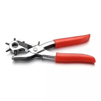 Кожаный дырокол с красной ручкой, плоскогубцы, серебряные пробивные отверстия, сверхмощные бытовые изделия из кожи