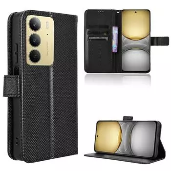 Кожаный флип-чехол для Realme C75 4G кожаный чехол для телефона PU противоударный прочный ретро-чехол с ремешком for Realme C75 чёрный