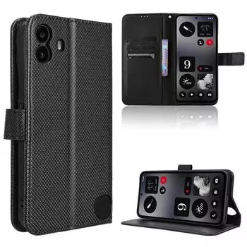 Кожаный флип-чехол для телефона Nothing CMF 1 кожаный чехол для телефона PU противоударный прочный ретро-чехол с ремешком for Nothing CMF Phone 1 чёрный