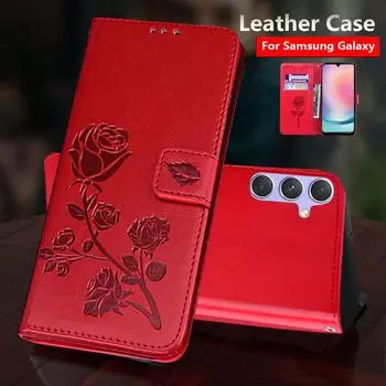 Кожаный флип-чехол с тиснением розы и цветком для Samsung Galaxy A04S A14 A24 A34 A54 A23 A33 A53 S20 S21 FE S22 S23 Ultra Plus, чехол-кошелек для карт, подставка для книги For Samsung Galaxy A04S красный