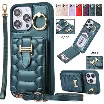 Кожаный кошелек через плечо с отделениями для карт и откидным кольцом-держателем, чехол для телефона для iPhone 15 14Plus 13 12 11Pro Max для Samsung S23 S22 S21 S20Ultra Plus A14 A54 iPhone 6/6S бежевый