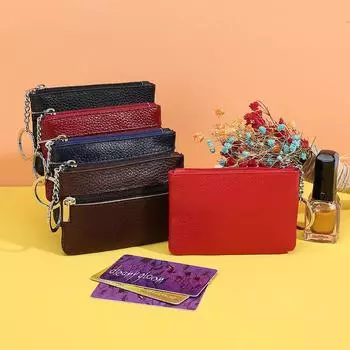 Кожаный кошелек для монет, мини-брелок для хранения ключей, большой вместительный кошелек для монет из коровьей кожи Baotou, на молнии, маленький кошелек красный